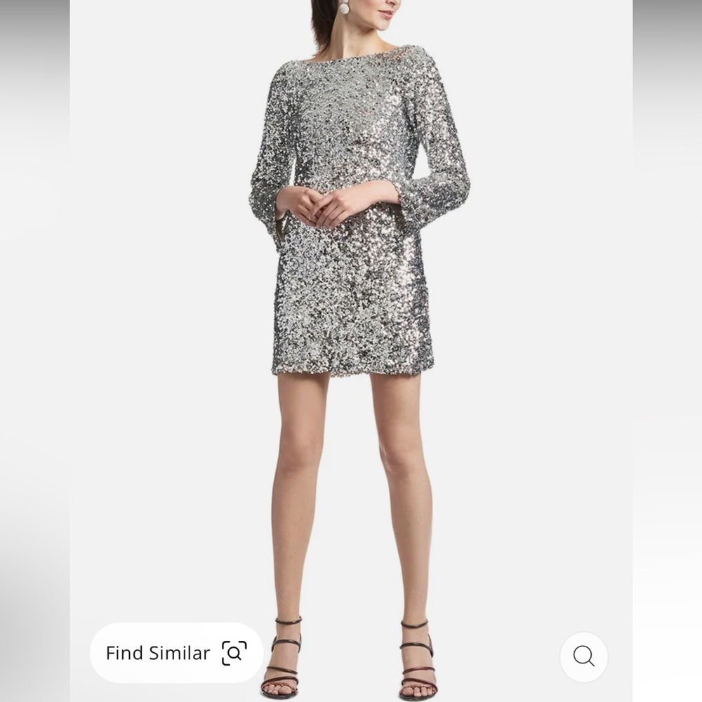 SACHIN & BABI Cameron Silver Sparkling Sequins Long Sleeves Cowl Back Mini Dress